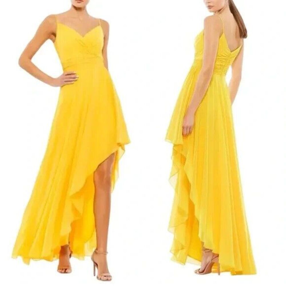Mac Duggal 70191 SZ 6 Asymmetrical Hem Chiffon Maxi‎ Dress Yellow NWOT SOLD OUT!